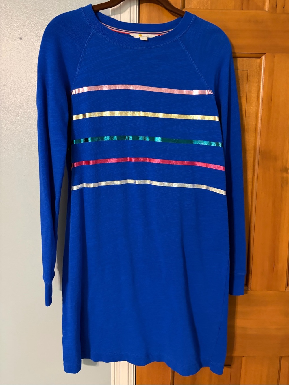 BODEN Women’s Blue Knit Long Sleeve Tunic with Rainbow Metallic Stripes